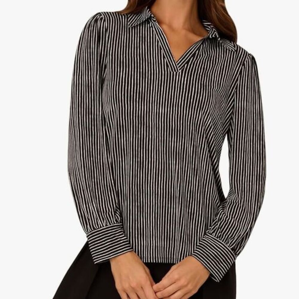 Adrianna‎ Papell Black White Stripes Blouse Top Women's Size XL